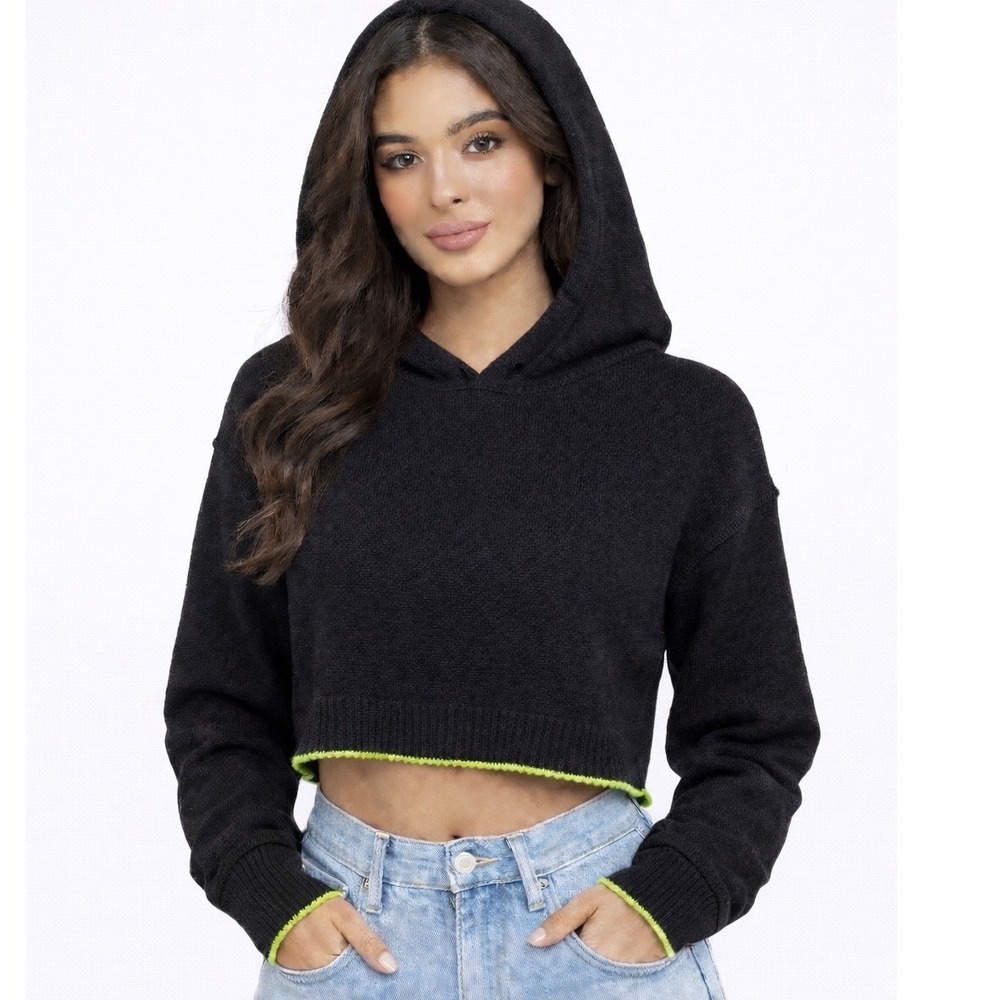 Stitches + Stripes Womens XS Black Cropped Hoodie Sweater‎ Neon Trim NWT